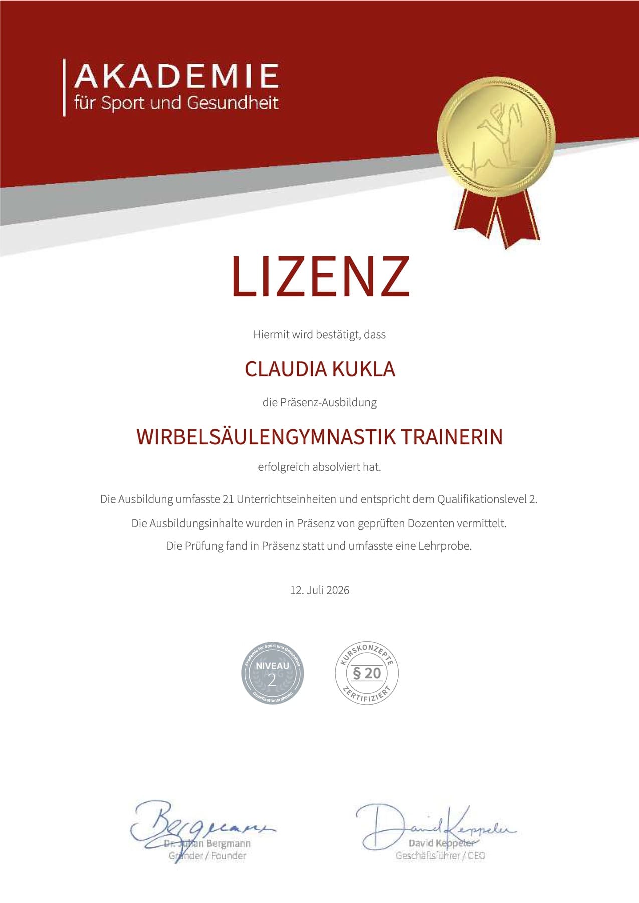 KinderYoga Zertifikat Grundausbidlung Lizenz Akademie für Sport und Gesundheitsförderung Wirbelsäulentrainer Claudia Kukla 2026